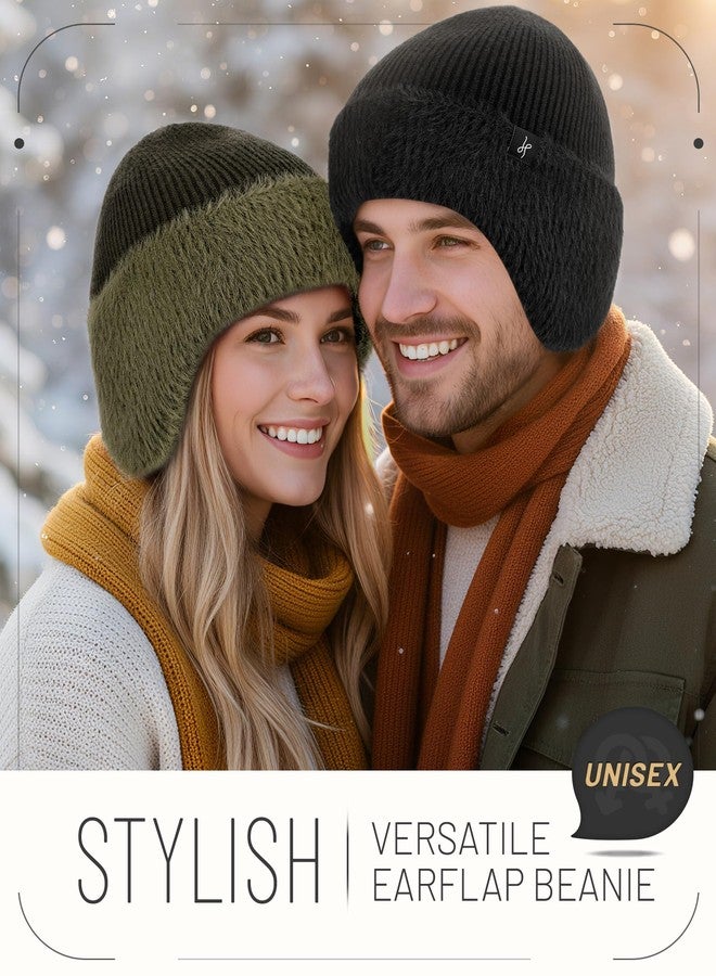 HAMUNI Winter Fleece-Lined Beanie with Earflaps, Warm Windproof Unisex Beanie Hat for Skiing, Hiking & Outdoor Winter Sports Pitch Black - Image 3